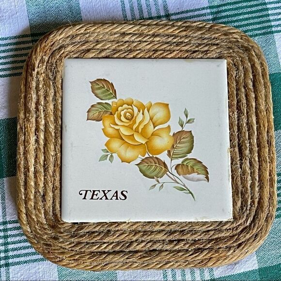 Handcrafted Texas Yellow Rose Ceramic Tile Jute Composite Board Trivet Decor - Picture 2 of 8